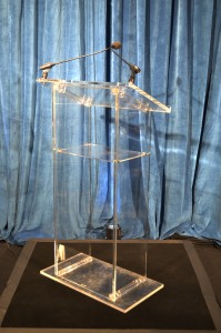 Clear Acrylic 3 panel Lectern with shelf (AV Equipment Rental)